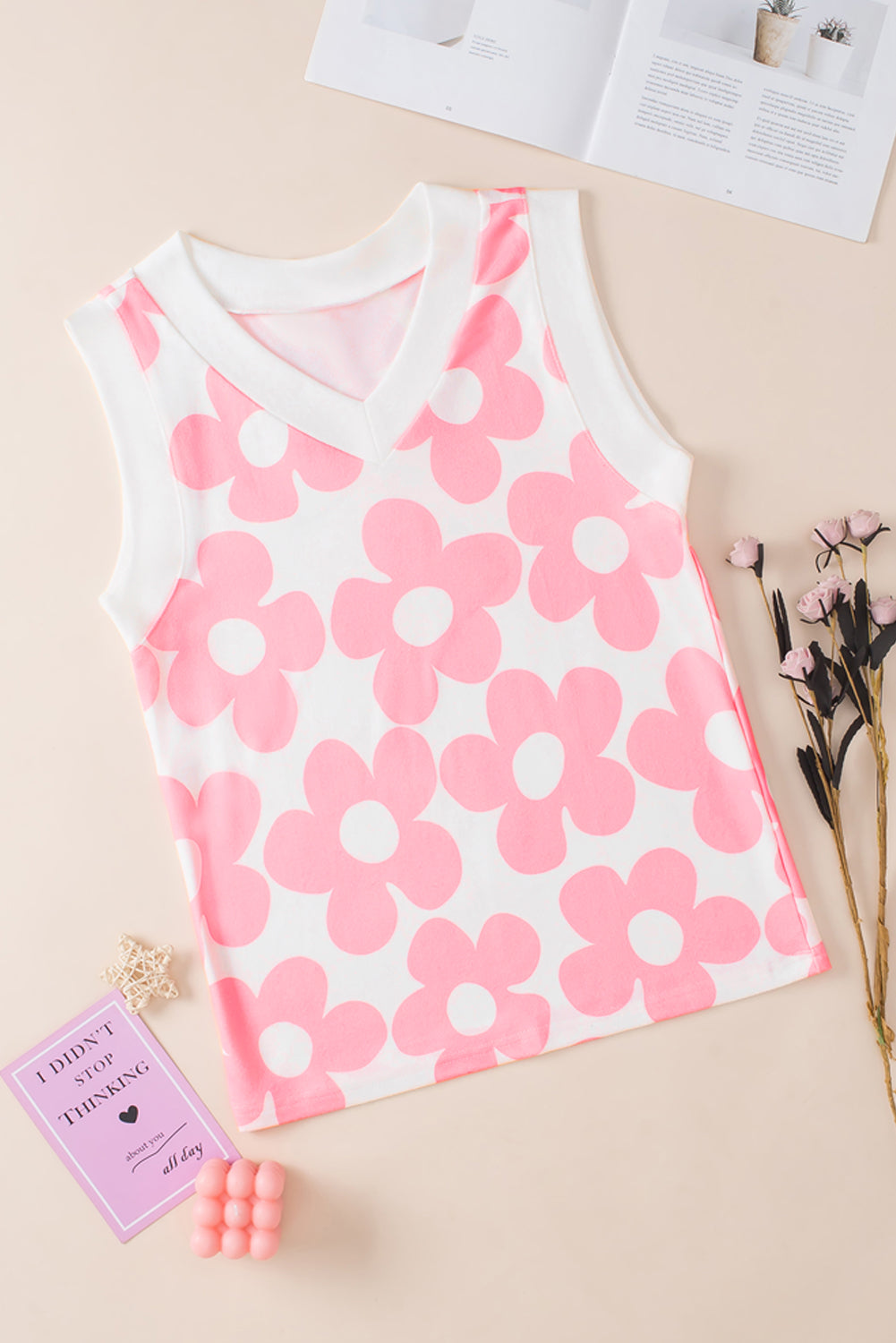 Cute Flower Knitted V Neck Tank Top - KaleaBoutique.com