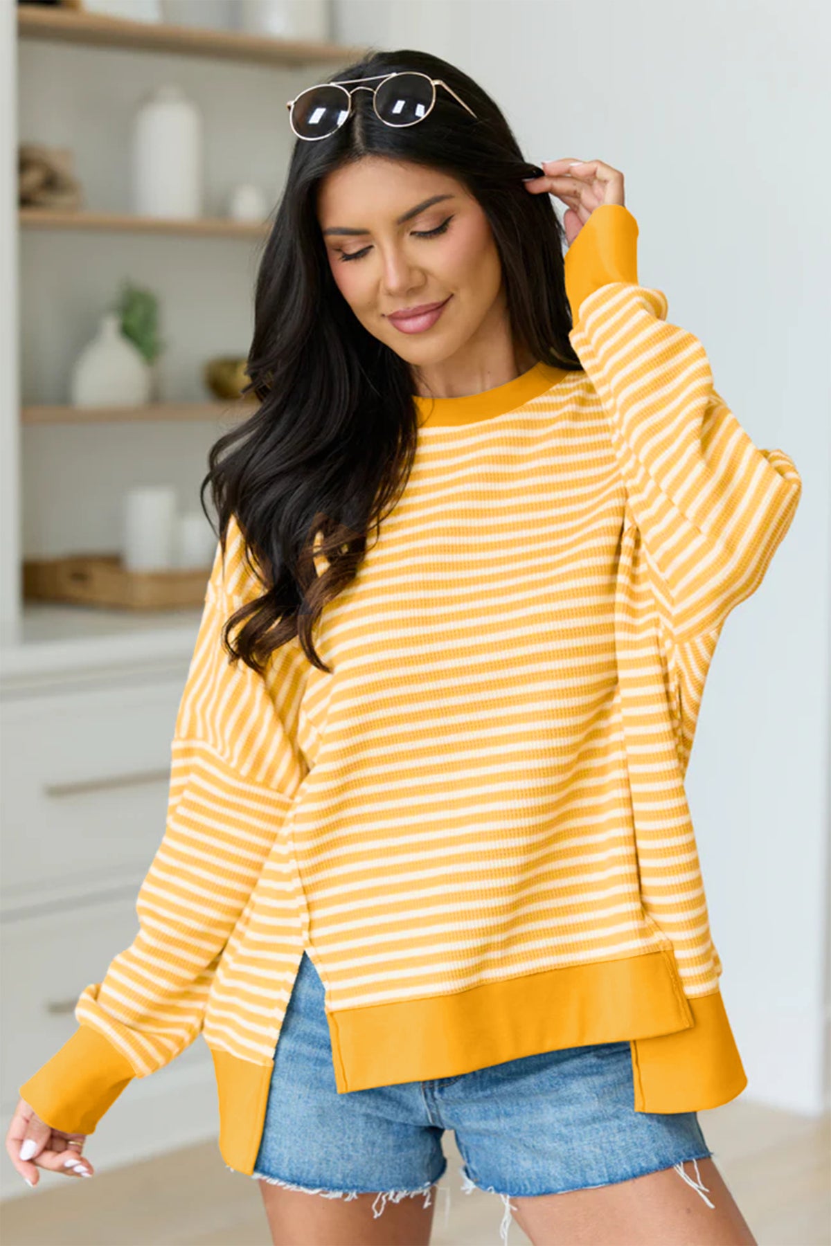KaleaBoutique Stylish Textured Knit Color Block Trim Split Hem Long Sleeve Top - KaleaBoutique.com