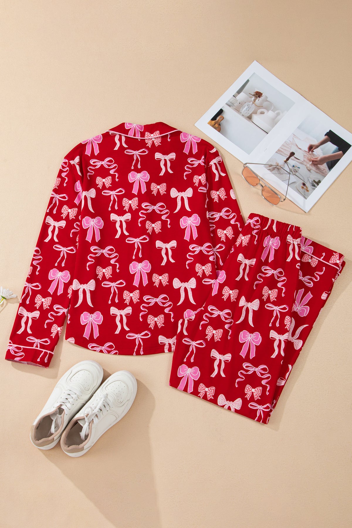 KaleaBoutique Comfortable Sweet Bow Print Shirt Style Top Long 2pcs Pajama Set - KaleaBoutique.com