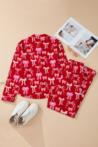 KaleaBoutique Comfortable Sweet Bow Print Shirt Style Top Long 2pcs Pajama Set - KaleaBoutique.com