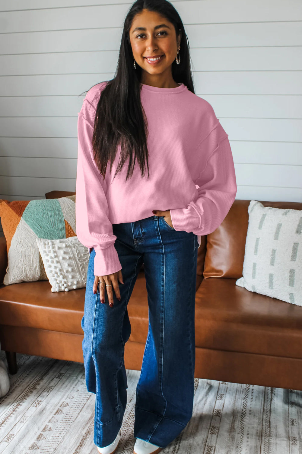 Horizontal Ribbed Exposed Seam Detail Drop Shoulder Baggy Pullover - KaleaBoutique.com