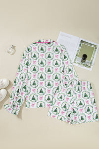 KaleaBoutique Comfortable Christmas Fashion Print Velvet Trim Bow Knot Pajama 2pcs Short Set - KaleaBoutique.com
