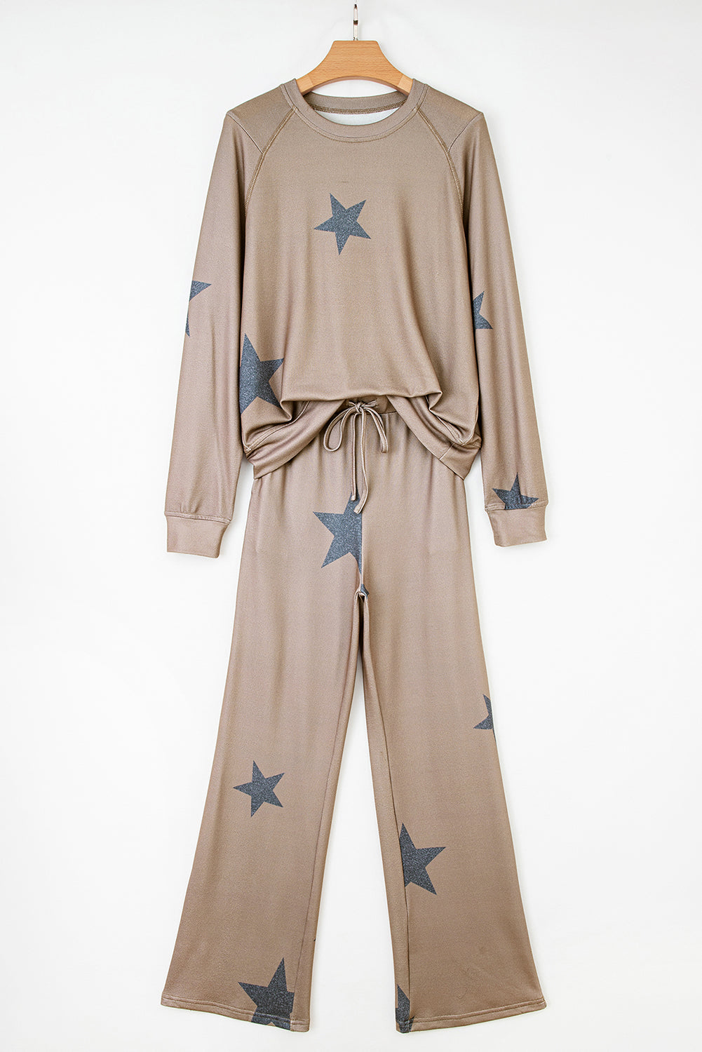 KaleaBoutique Stylish Retro Star Print Loose Long Sleeve Drawstring Wide Leg 2pcs Lounge Set - KaleaBoutique.com