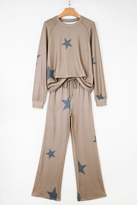 KaleaBoutique Stylish Retro Star Print Loose Long Sleeve Drawstring Wide Leg 2pcs Lounge Set - KaleaBoutique.com