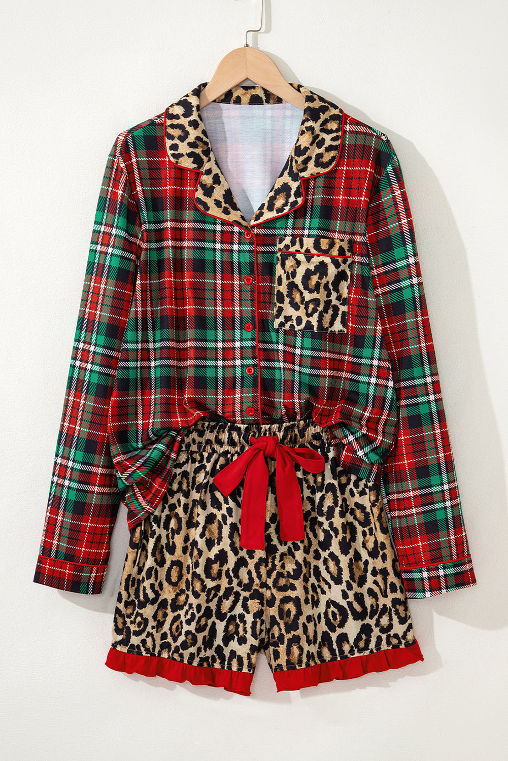 KaleaBoutique Stylish Retro Plaid Leopard Print Patchwork Long Sleeve Shorts Pajama Set - KaleaBoutique.com