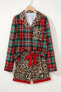 KaleaBoutique Stylish Retro Plaid Leopard Print Patchwork Long Sleeve Shorts Pajama Set - KaleaBoutique.com