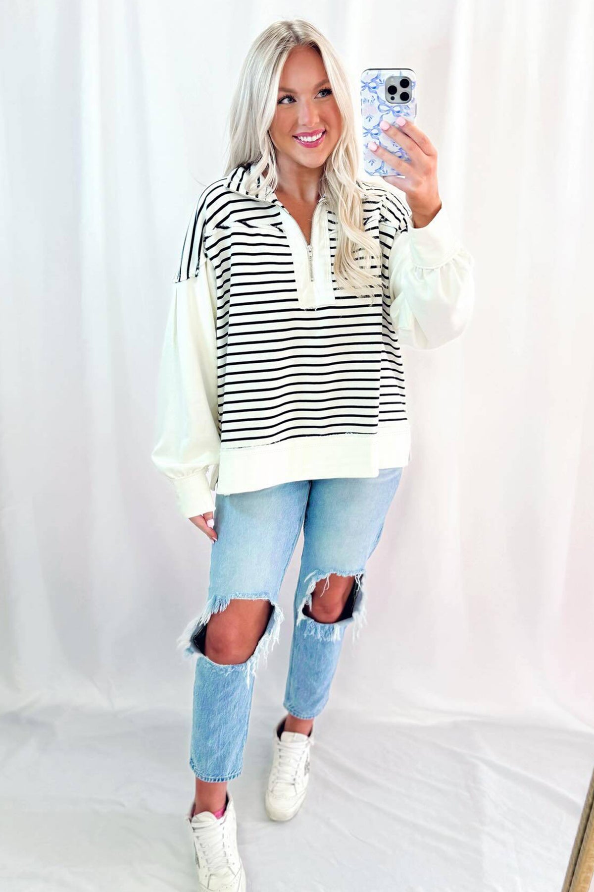 KaleaBoutique Comfortable Color Block Long Puff Sleeve Metal Zip-Up Collar Top - KaleaBoutique.com