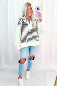 KaleaBoutique Comfortable Color Block Long Puff Sleeve Metal Zip-Up Collar Top - KaleaBoutique.com