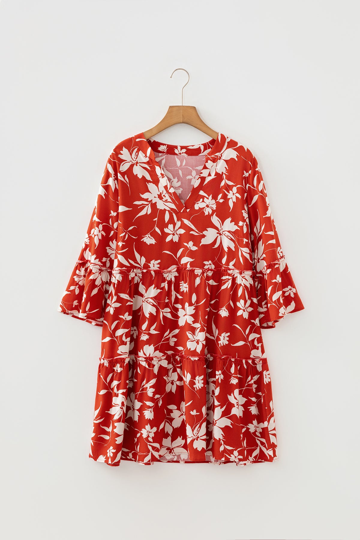 Boho Floral Print Lettuce Trim 3/4 Sleeve Mini Dress - KaleaBoutique.com