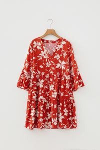 Boho Floral Print Lettuce Trim 3/4 Sleeve Mini Dress - KaleaBoutique.com