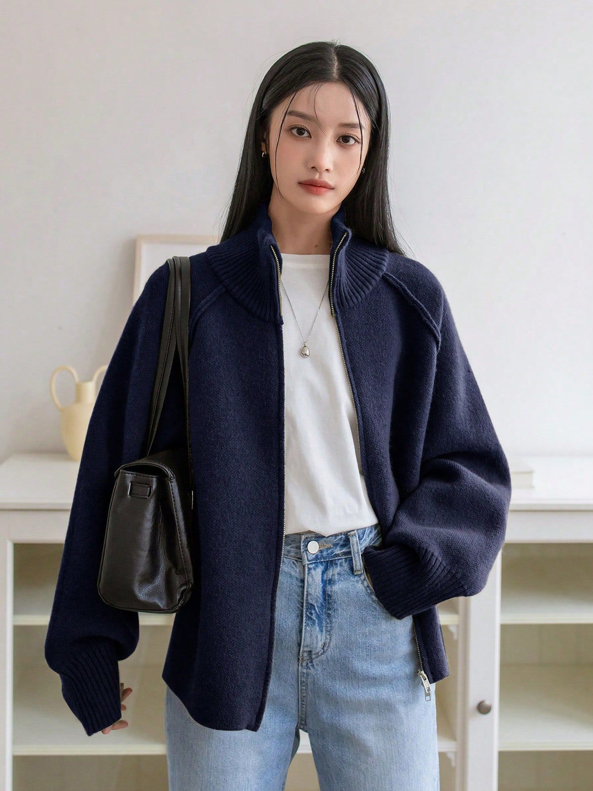 Women's Full-Zip Ribbed-Collar Tight Knit Cardigan - KaleaBoutique.com
