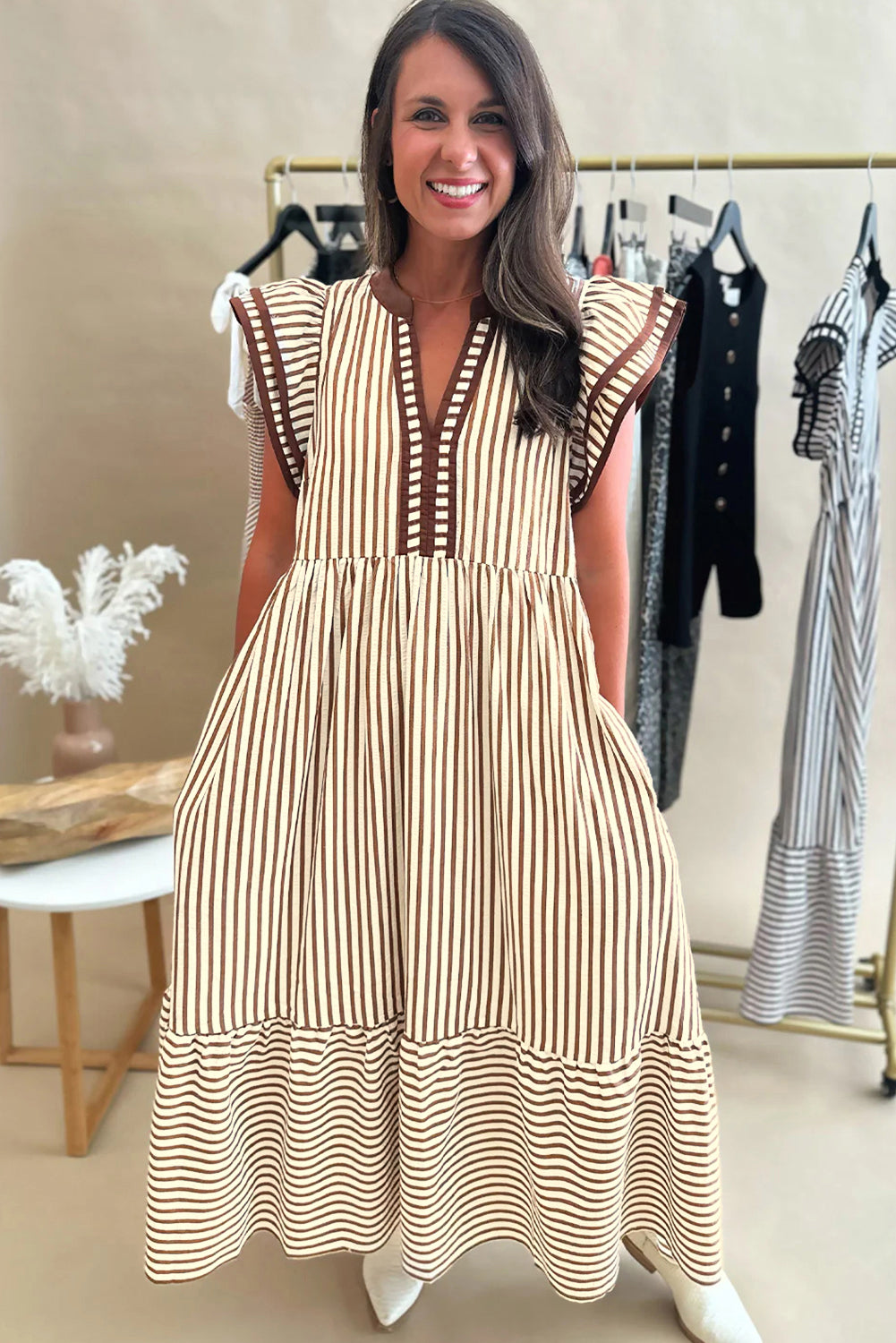 KaleaBoutique Double Ruffled Short Sleeve Contrast Trim V Neck Midi Dress - KaleaBoutique.com