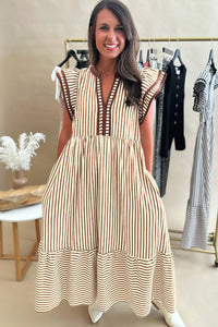 KaleaBoutique Double Ruffled Short Sleeve Contrast Trim V Neck Midi Dress - KaleaBoutique.com