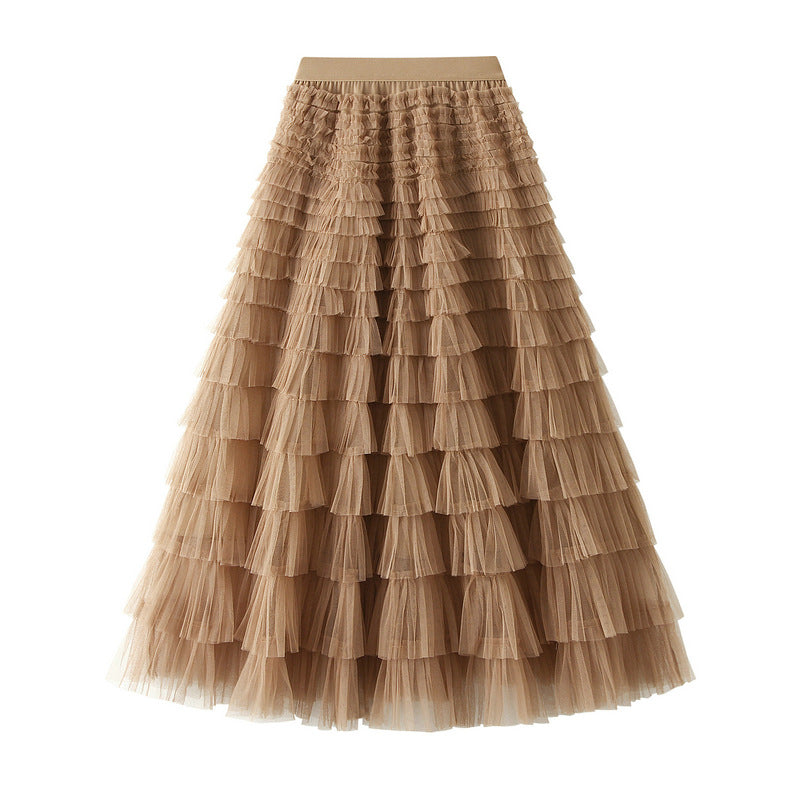 A-Line Mesh Ruffle Skirt Women's Temperament Sweet Long Skirt Slim Cupcake Dress Womens Clothing - KaleaBoutique.com