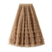 A-Line Mesh Ruffle Skirt Women's Temperament Sweet Long Skirt Slim Cupcake Dress Womens Clothing - KaleaBoutique.com