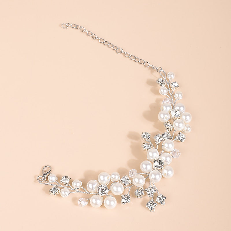Bridal Pearl Flower Wire Bracelet, Rhinestone Floral Bracelet for Wedding or Prom, Bride or Bridesmaid Jewelry - KaleaBoutique.com