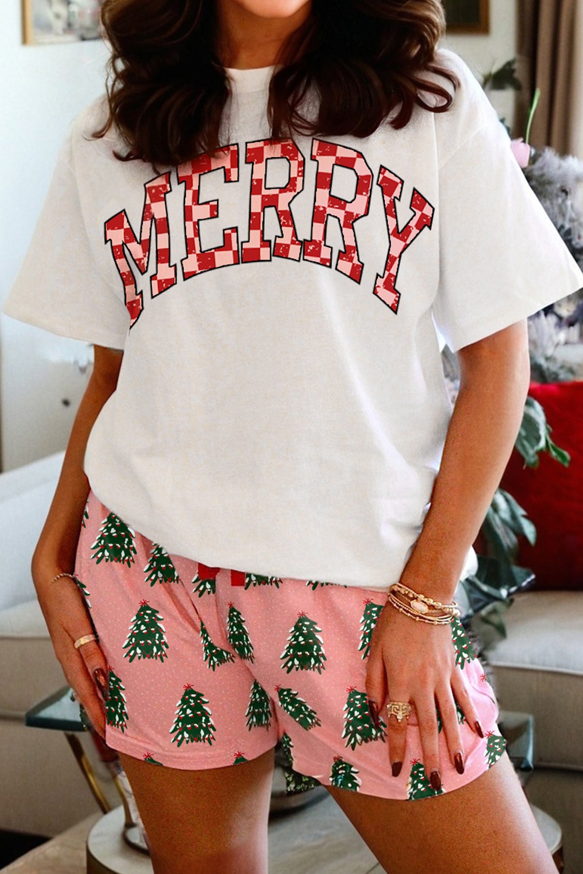 KaleaBoutique Stylish Checkered MERRY Graphic Christmas Tree Print Short Lounge Set - KaleaBoutique.com