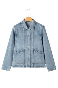 Scallop Trim Collar Patched Pocket Button Up Mineral Washed Denim Jacket - KaleaBoutique.com
