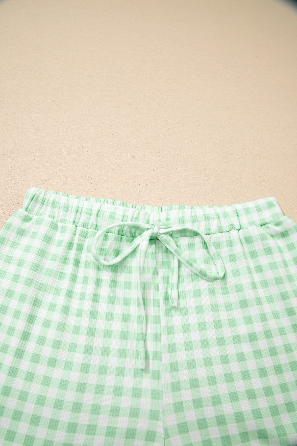 KaleaBoutique Stylish Gingham Long Sleeve Loose Top Drawstring Shorts 2pcs Lounge Set - KaleaBoutique.com