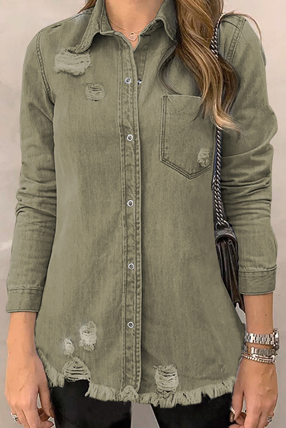 Raw Hem Distressed Denim Shirt Jacket - KaleaBoutique.com