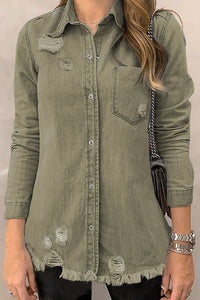 Raw Hem Distressed Denim Shirt Jacket - KaleaBoutique.com