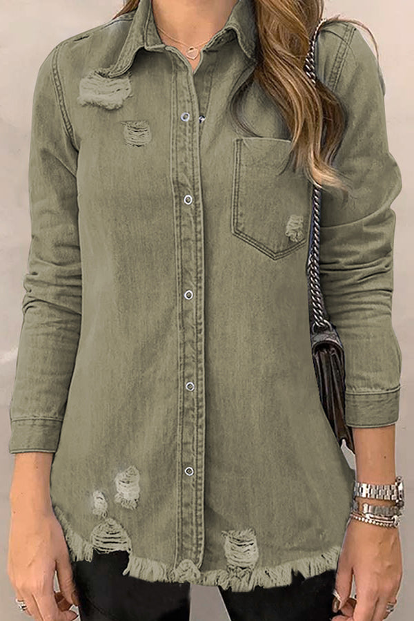 Raw Hem Distressed Denim Shirt Jacket - KaleaBoutique.com
