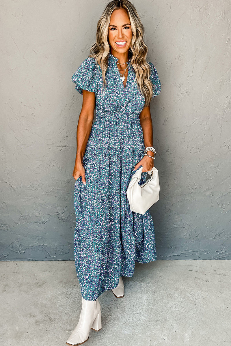 KaleaBoutique Printed V Neck Shirred Short Puff Sleeve Maxi Dress - KaleaBoutique.com