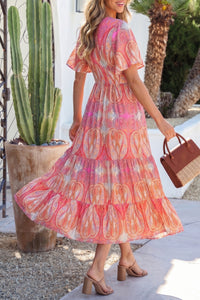 KaleaBoutique Comfortable Paisley Print V-Neck Short Sleeve Boho Maxi Dress with Ruffle Details - KaleaBoutique.com