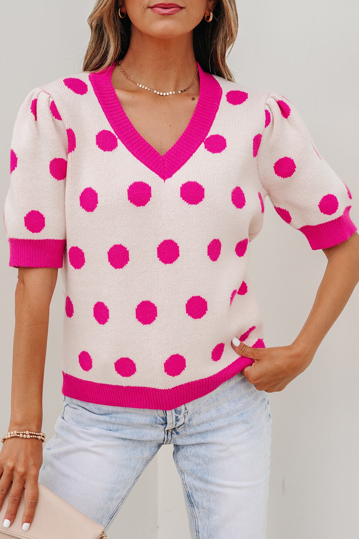 KaleaBoutique Stylish Polka Dot Puff Short Sleeve Sweater Top - KaleaBoutique.com