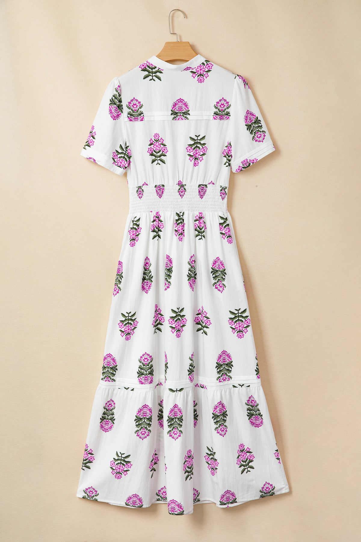 KaleaBoutique Stylish Floral Print Split Neck Shirred High Waist Ruffle Hem Maxi Dress - KaleaBoutique.com