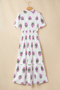 KaleaBoutique Stylish Floral Print Split Neck Shirred High Waist Ruffle Hem Maxi Dress - KaleaBoutique.com
