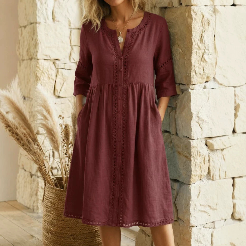 Loose-fitting Linen-cotton Dress With A Buttoned Collar And Lace-trimmed Seams - KaleaBoutique.com
