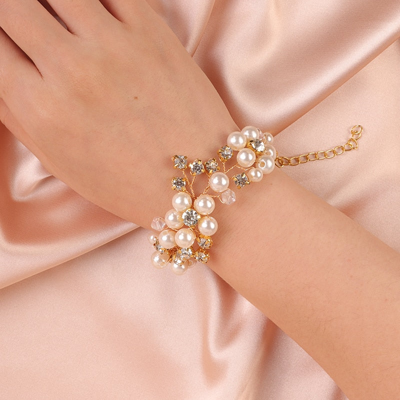 Bridal Pearl Flower Wire Bracelet, Rhinestone Floral Bracelet for Wedding or Prom, Bride or Bridesmaid Jewelry - KaleaBoutique.com