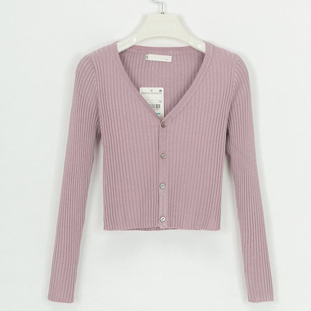 Women's Ribbed V-Neck Button-Front Cropped Cardigan - KaleaBoutique.com