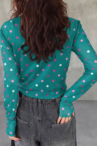 KaleaBoutique Stylish Polka Dot Patterned Bodycon Mock Neck Mesh Long Sleeve Top - KaleaBoutique.com