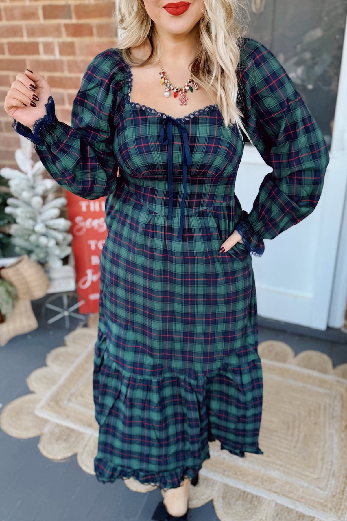 KaleaBoutique Comfortable Vintage Plaid Square Neck Lace Trim Long Sleeve Shift Dress - KaleaBoutique.com