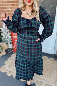 KaleaBoutique Comfortable Vintage Plaid Square Neck Lace Trim Long Sleeve Shift Dress - KaleaBoutique.com
