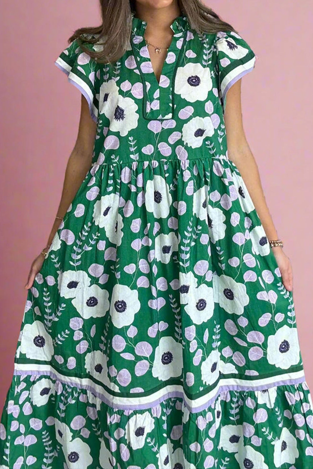 KaleaBoutique Stylish V Neck Ruffled Short Sleeve Flower Maxi Dress - KaleaBoutique.com