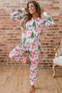 KaleaBoutique Comfortable Christmas Pattern Button V Neck Pullover Drawstring Pants 2pcs Lounge Set - KaleaBoutique.com
