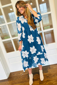 KaleaBoutique Comfortable Floral Print Shirt Collar V Neck 3/4 Sleeve Shift Midi Dress - KaleaBoutique.com