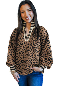 KaleaBoutique Stylish Leopard Print Striped Trim Collar Long Sleeve Shift Pullover - KaleaBoutique.com