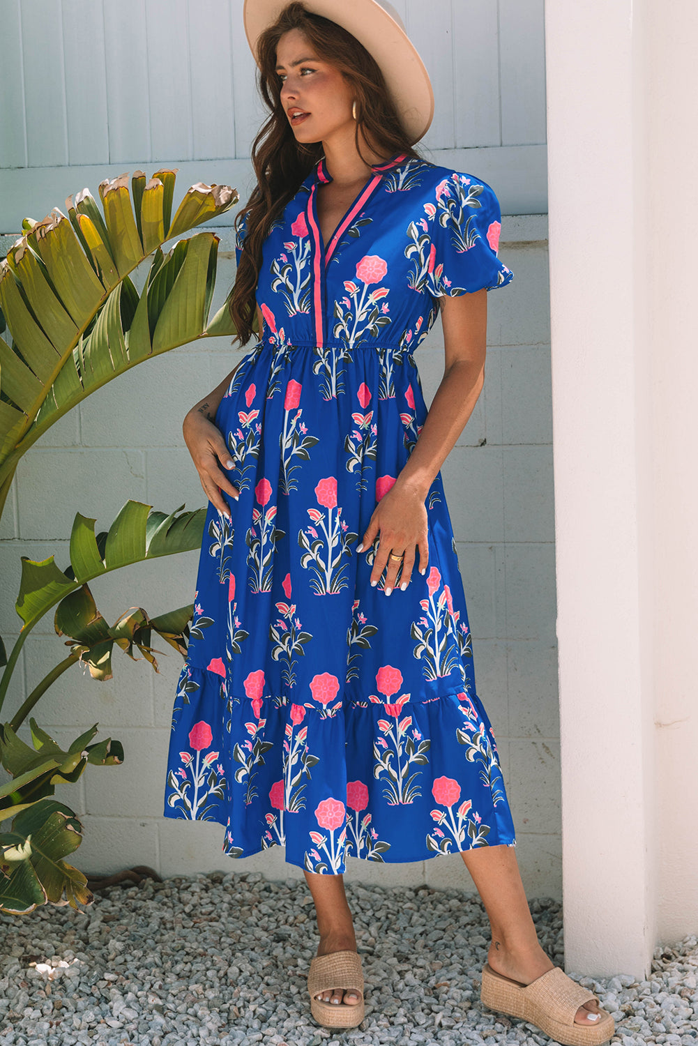 Floral Puff Short Sleeve V Neck High Waist Maxi Dress - KaleaBoutique.com