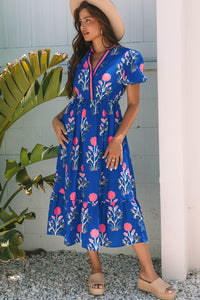 Floral Puff Short Sleeve V Neck High Waist Maxi Dress - KaleaBoutique.com
