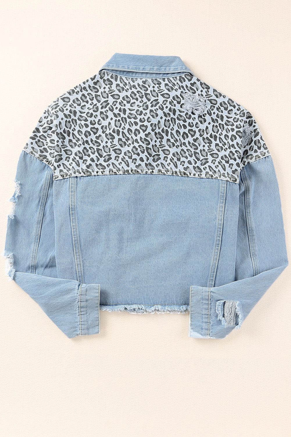 Blue Plus Size Leopard Ripped Cropped Denim Jacket - KaleaBoutique.com