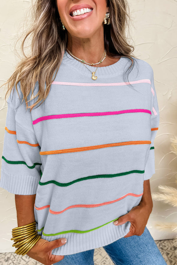 KaleaBoutique Comfortable Colorblock Striped Half Sleeve Drop Shoulder Sweater - KaleaBoutique.com