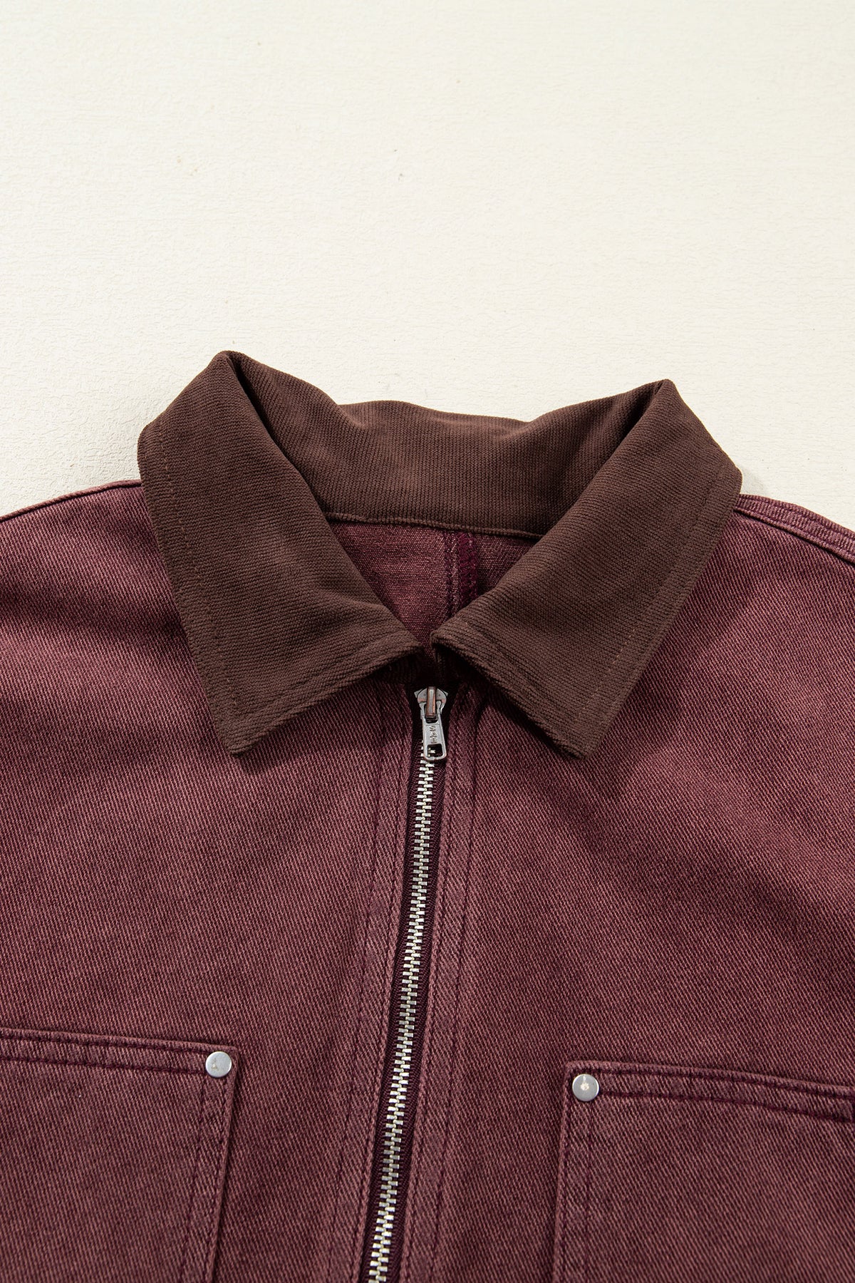 Corduroy Collar Zipped Front Denim Jacket - KaleaBoutique.com