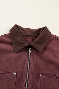 Corduroy Collar Zipped Front Denim Jacket - KaleaBoutique.com