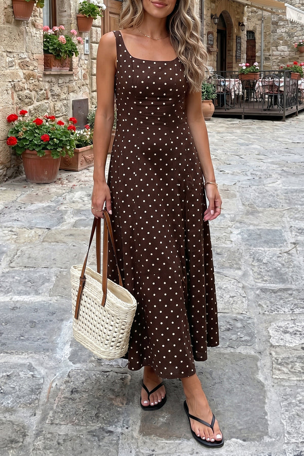 KaleaBoutique Stylish Polka Dot Print Square Neck Sleeveless Vacation Long Dress - KaleaBoutique.com