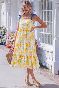 KaleaBoutique Comfortable Floral Print Contrast Stitched Knot Denim Straps High Waist Dress - KaleaBoutique.com