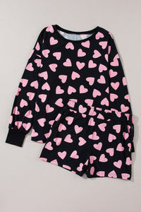 KaleaBoutique Stylish Valentine Heart Shape Print Long Sleeve Top Shorts Lounge Set - KaleaBoutique.com